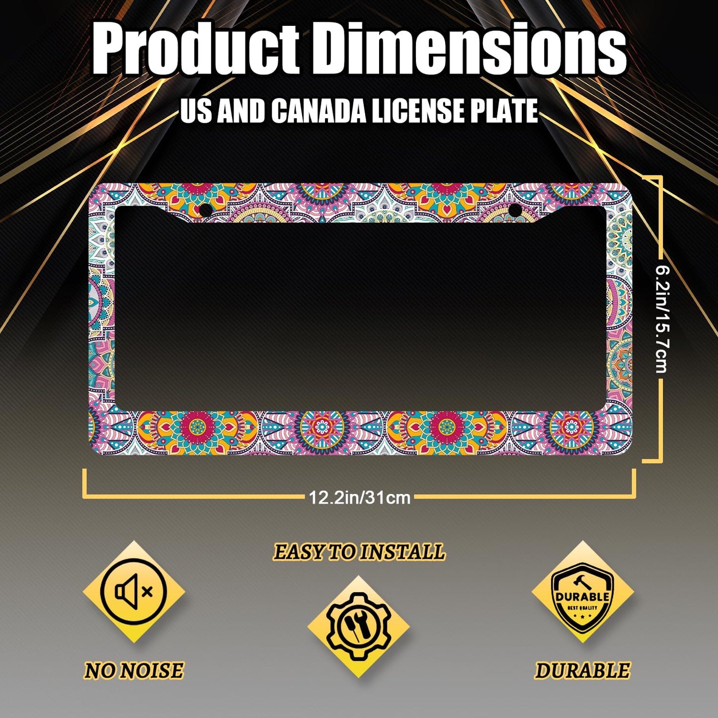 Mandala Hippie License Plate Frame Boho Print License Plate Holder Stainless Steel Front and Rear Car Tags Auto Parts Funny License Plate Decoration with Screws for Men Women s 12.2"x 6.2"