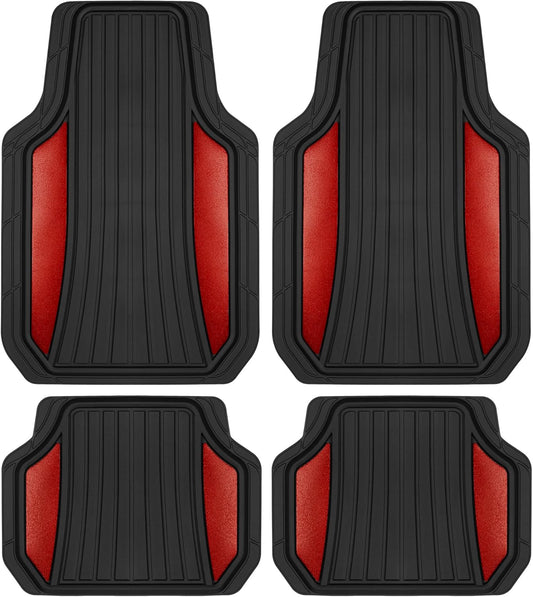Motor Trend ChromeTech Car Floor Mats Full Set - Durable Rubber Floor Mats for Cars with Two Tone Accent, All Weather Interior Protection for Front and Rear with Non-Slip Backing, Red Chrome