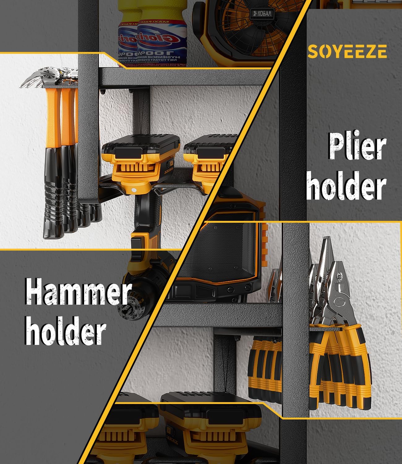 SOYEEZE Power Tool Organizer & Storage Wall Mount - Heavy Duty Metal 8 Drill Holder, 3 Layer Premium Garage Utility Power Tool Rack &Tool Shelf，Great as Gifts for Men Father's Day-Large-Black