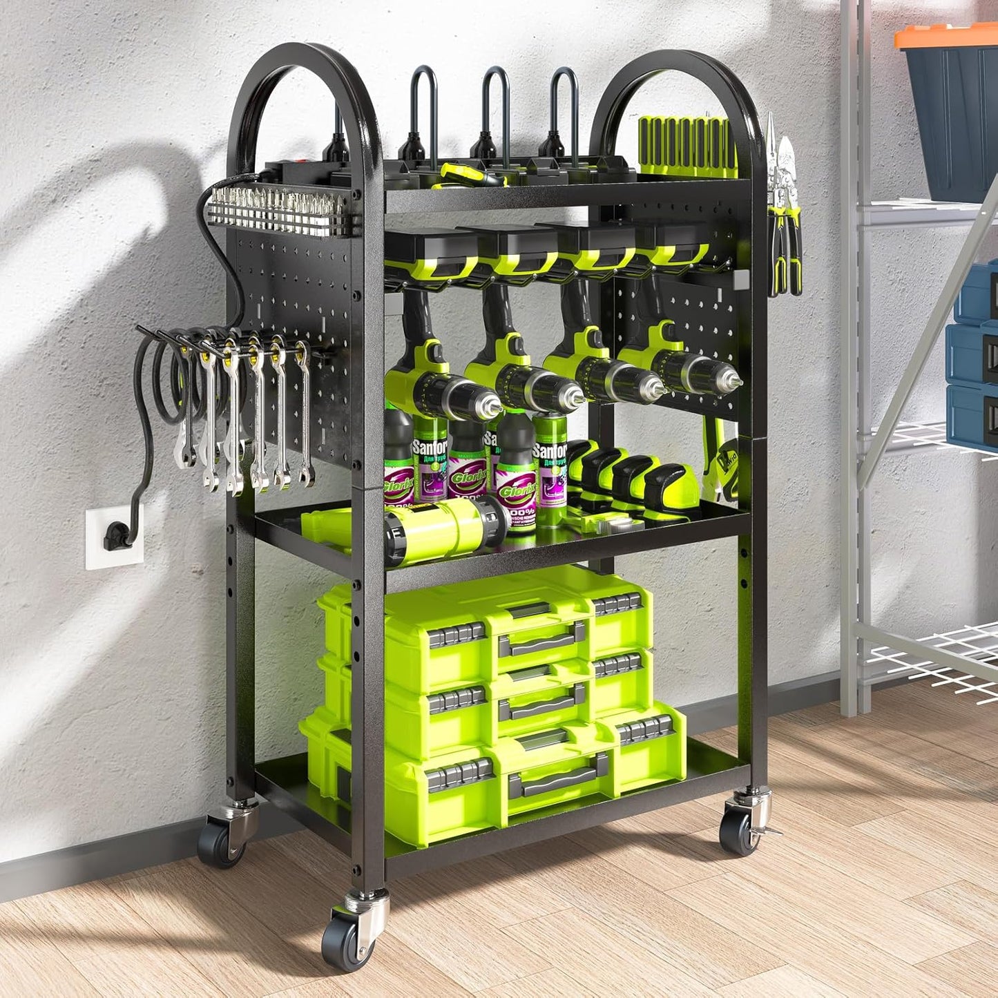 KAFAHOM Power Tool Organizer Cart with Charging Station,Garage Floor Rolling Storage on Wheels for Mechanic,Mobile 8 Drill Holder, Utility Cart with Battery Charging 8 Outlet Power Strip