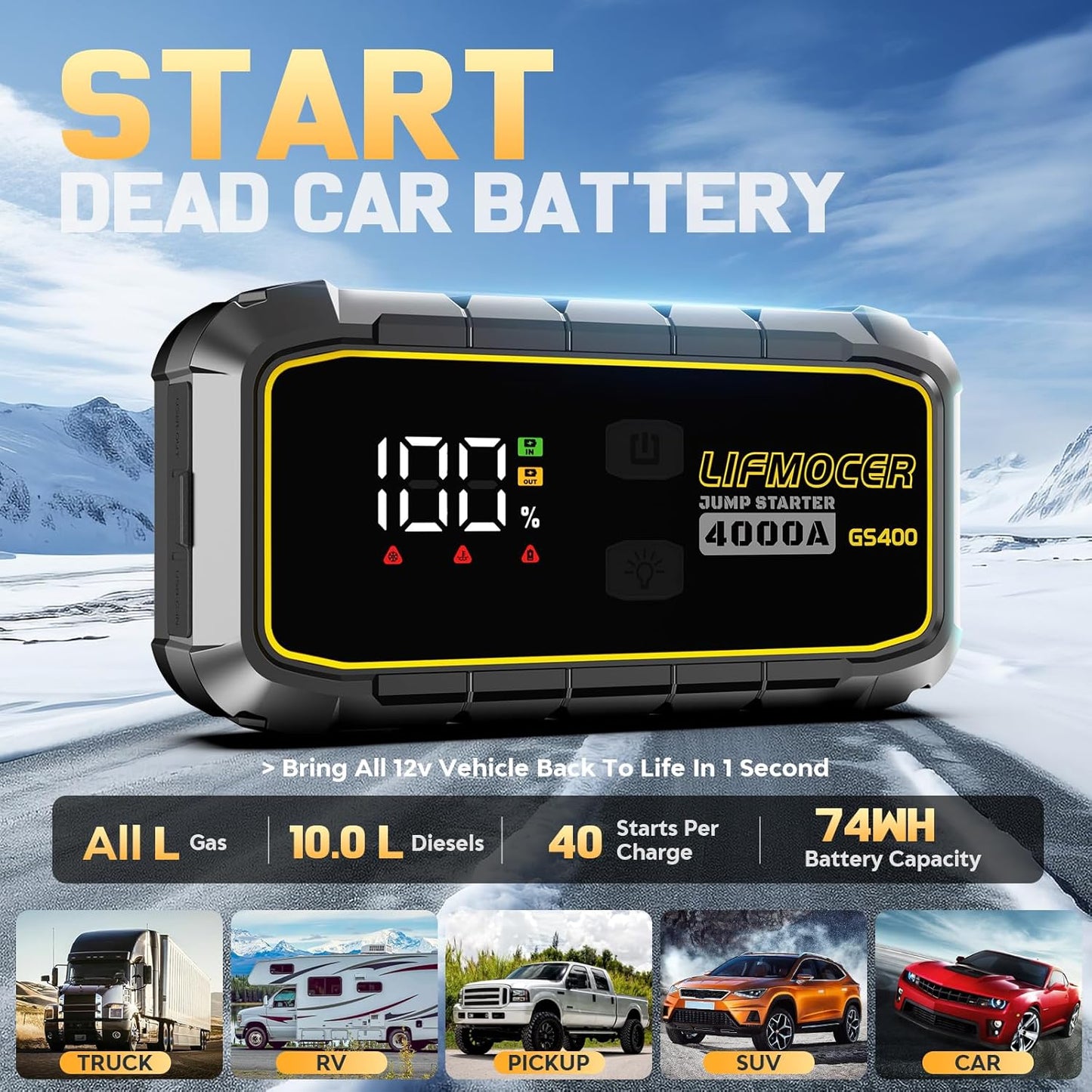 GS400 Jump Starter - 4000A Car Battery Jump Starter for Up to 12.0L Gas and 10.0L Diesel Engines, 12V Portable Jump Box with Storage Case USB Quick Charge, and LCD Display