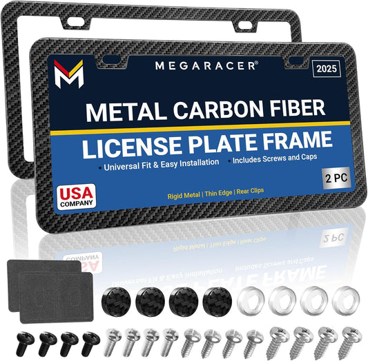 Premium Slim Carbon Fiber Design License Plate Frames – 2 Pack, Rust-Free Stainless Steel & Rattle-Free, Street Legal, Universal with Screw Caps Cover, Thin Metal Front & Rear Car Tag Holders for Men