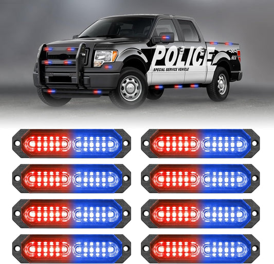 HLauto 1200T Emergency Strobe Grille Lights: 8pcs 12 LED Sync Feature Safety Warning Flashing Lights, Ultra Slim Surface Mount Hazard Caution Lights for Trucks, Vehicles, Car, ATV, UTV (Red Blue)