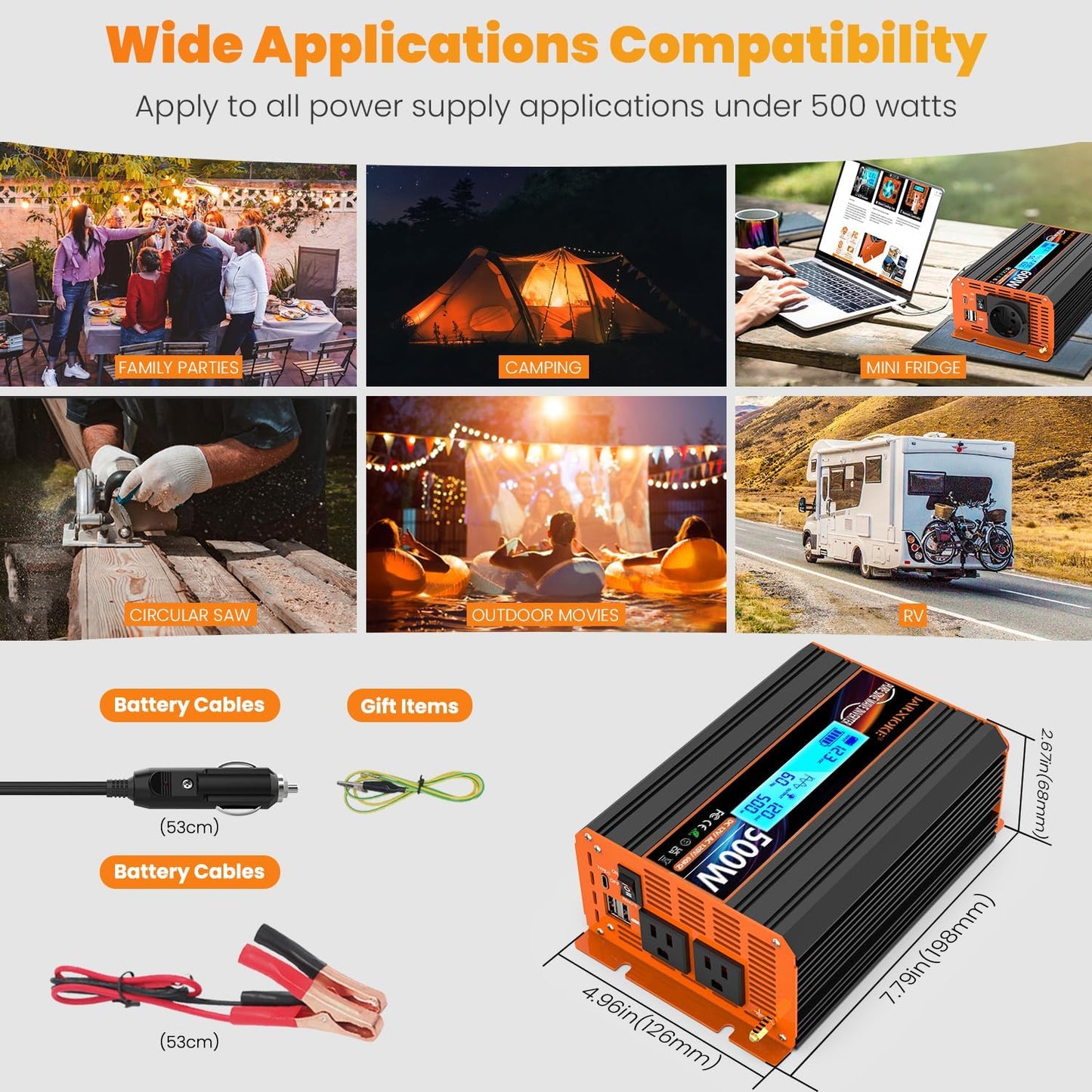 500 Watt Pure Sine Wave Power Inverter 12V DC to 110V 120V Converter for Home, RV and Off-Grid Solar Systems with Type-C Port, 2 AC Outlets, 2 USB Ports, LCD Display