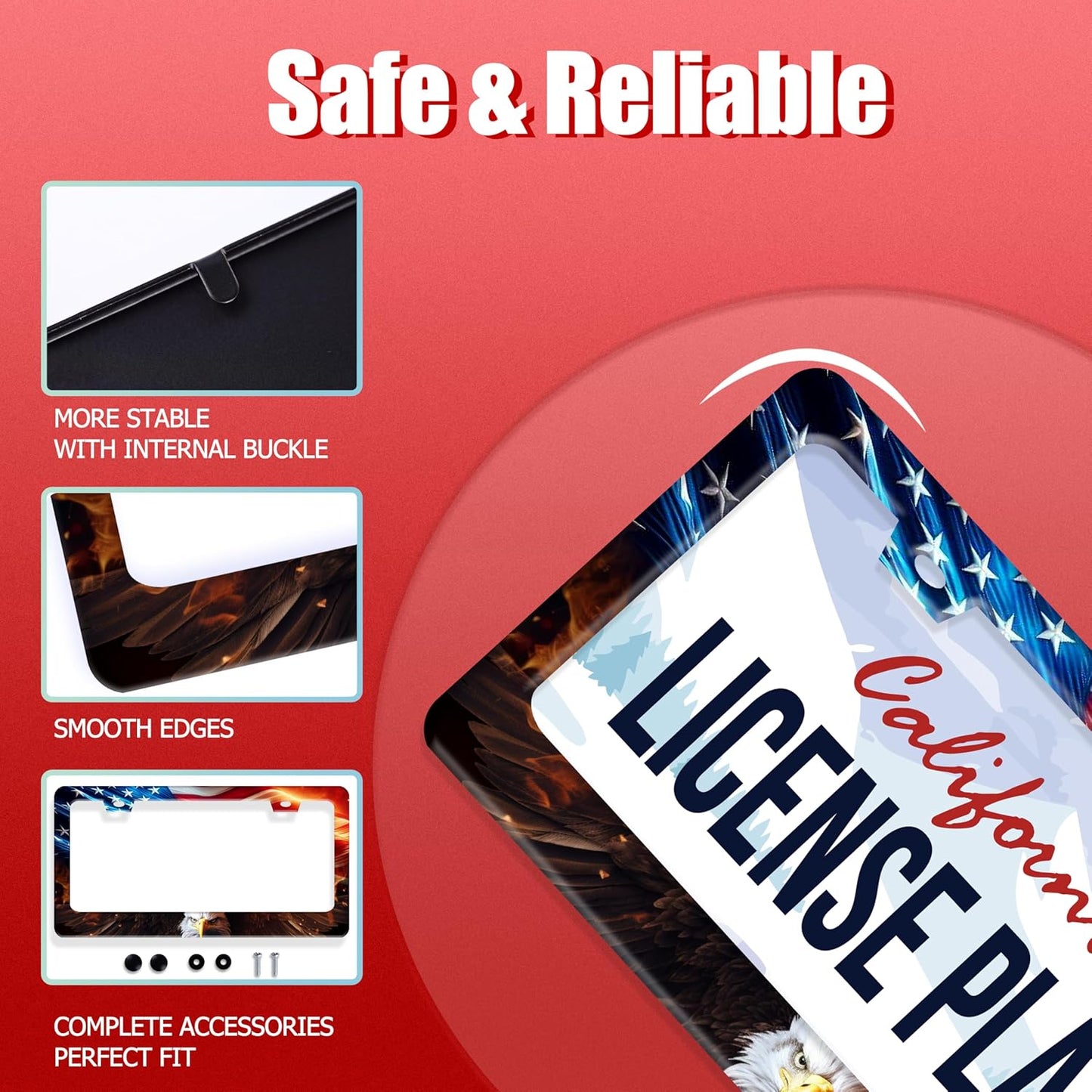 American Flag Bald Eagle License Plate Frame Patriotic License Plate Frames for Car Decorative Parts Stainless Stee License Plate for Standard Us Canada Funny License Plate Holder 12x6 Inch Unisex