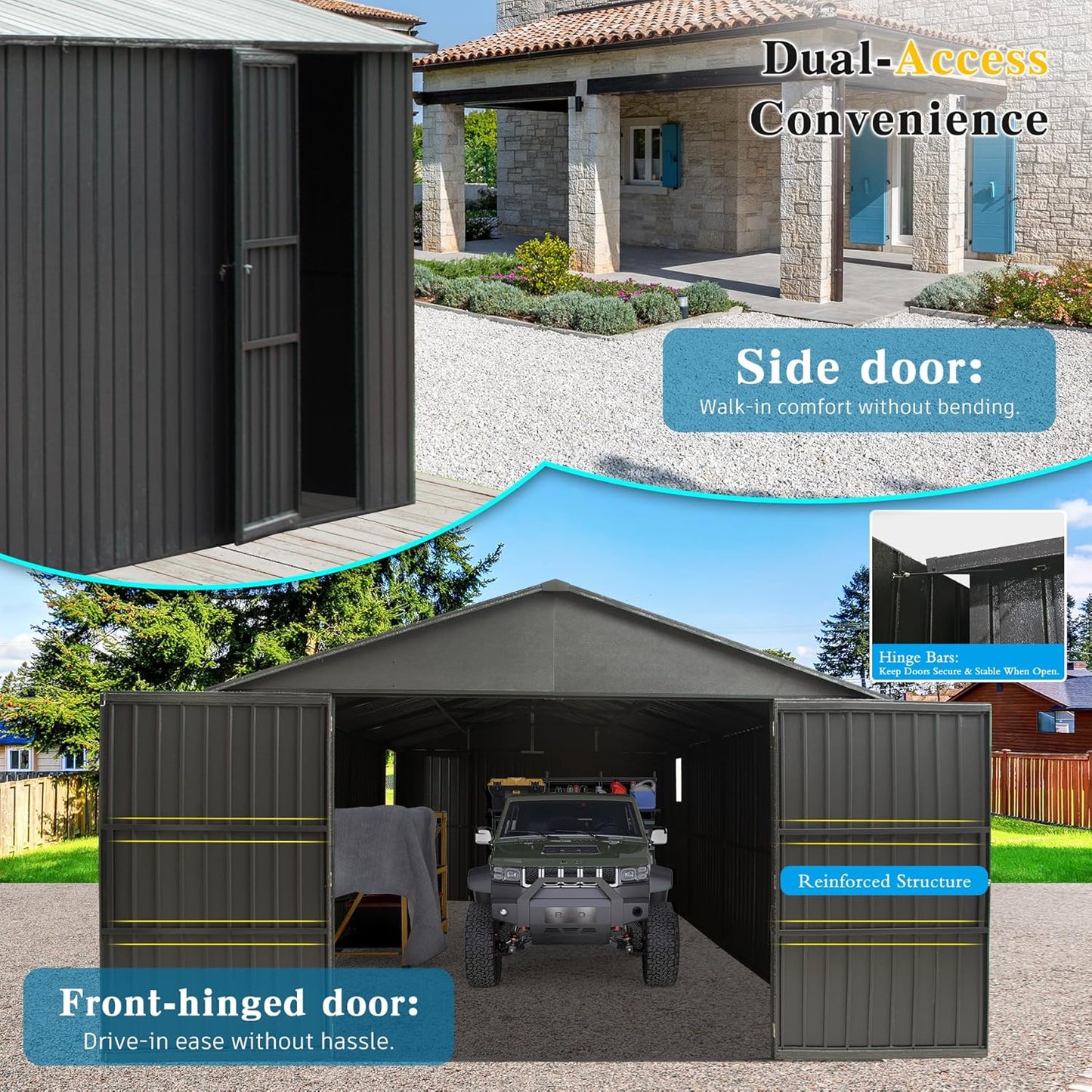 Domi 12x15FT Outdoor Metal Garage Shed, Extra Large Carport with Skylights & Dual-Entry, Backyard Storage Shed for Car, Truck, Lawn Mower and Tool, Dark Grey