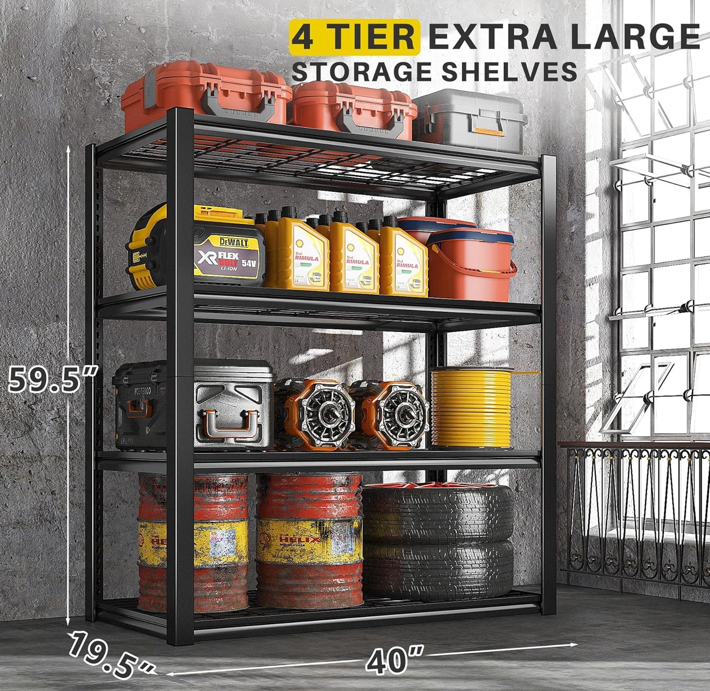 REIBII 40" W Garage Shelving 2240 LBS Storage Shelves Adjustable Metal Shelving Heavy Duty 4 Tier Metal Shelves for Pantry Basement Warehouse 40" W × 19.5" D × 59.5" H