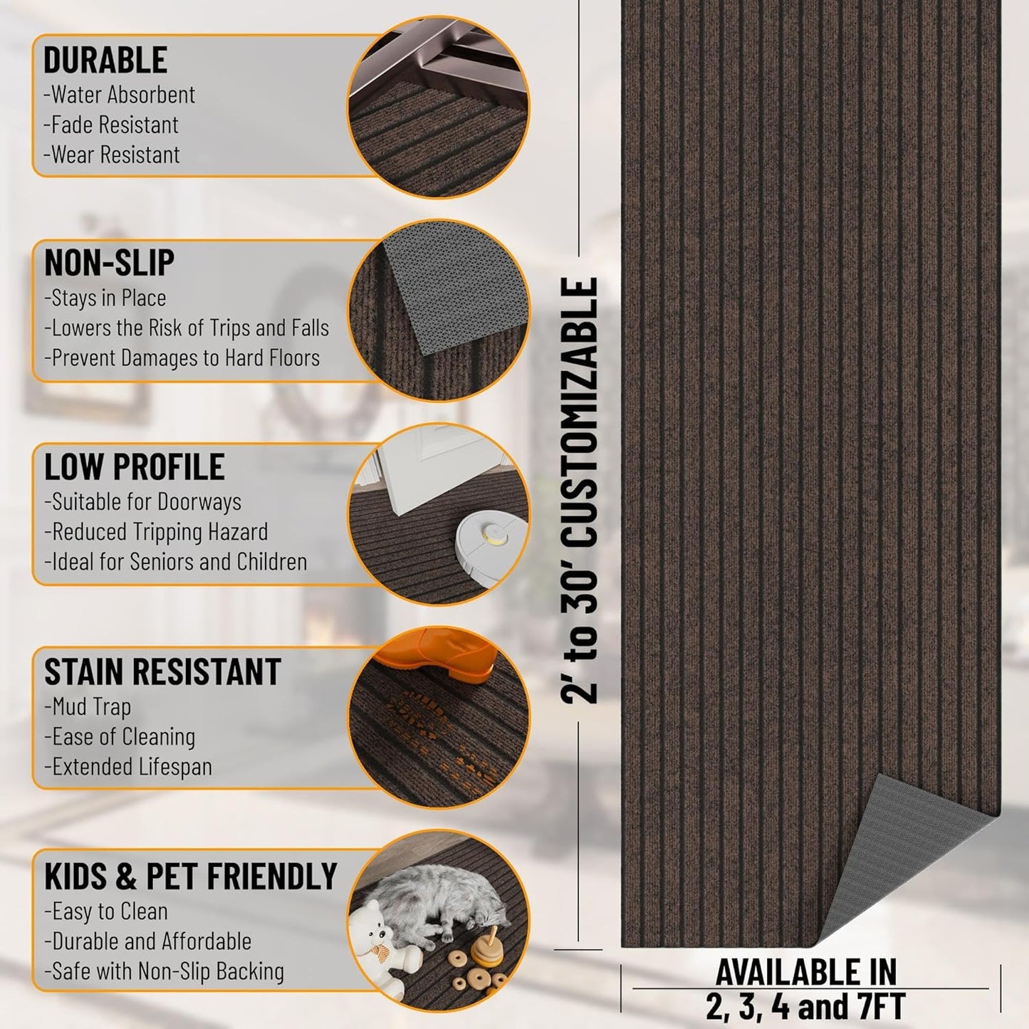 Ottomanson 2'7" x 34' Hallway Runner with Scraper Pile - Extra Durable Non-Slip Rug Mat for Indoor & Outdoor Use - Ideal for Kitchen, Entryway & Garage - High-Traffic Carpet, Brown