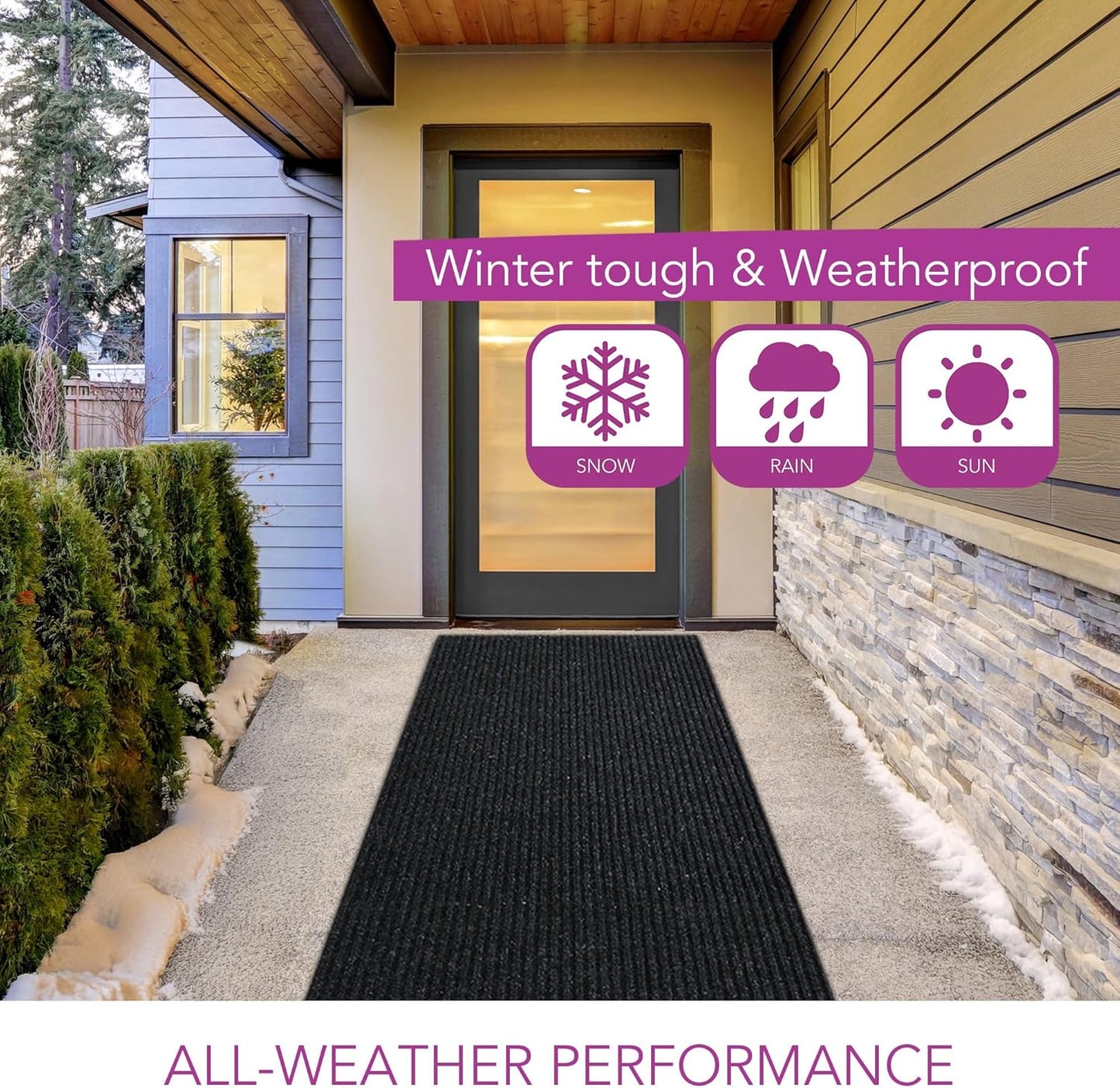 iCustomRug Spartan Weather Warrior Indoor/Outdoor Utility Ribbed Carpet Runner with Non-Slip Thermoplastic Rubber Backing, 28in X 60ft in Black