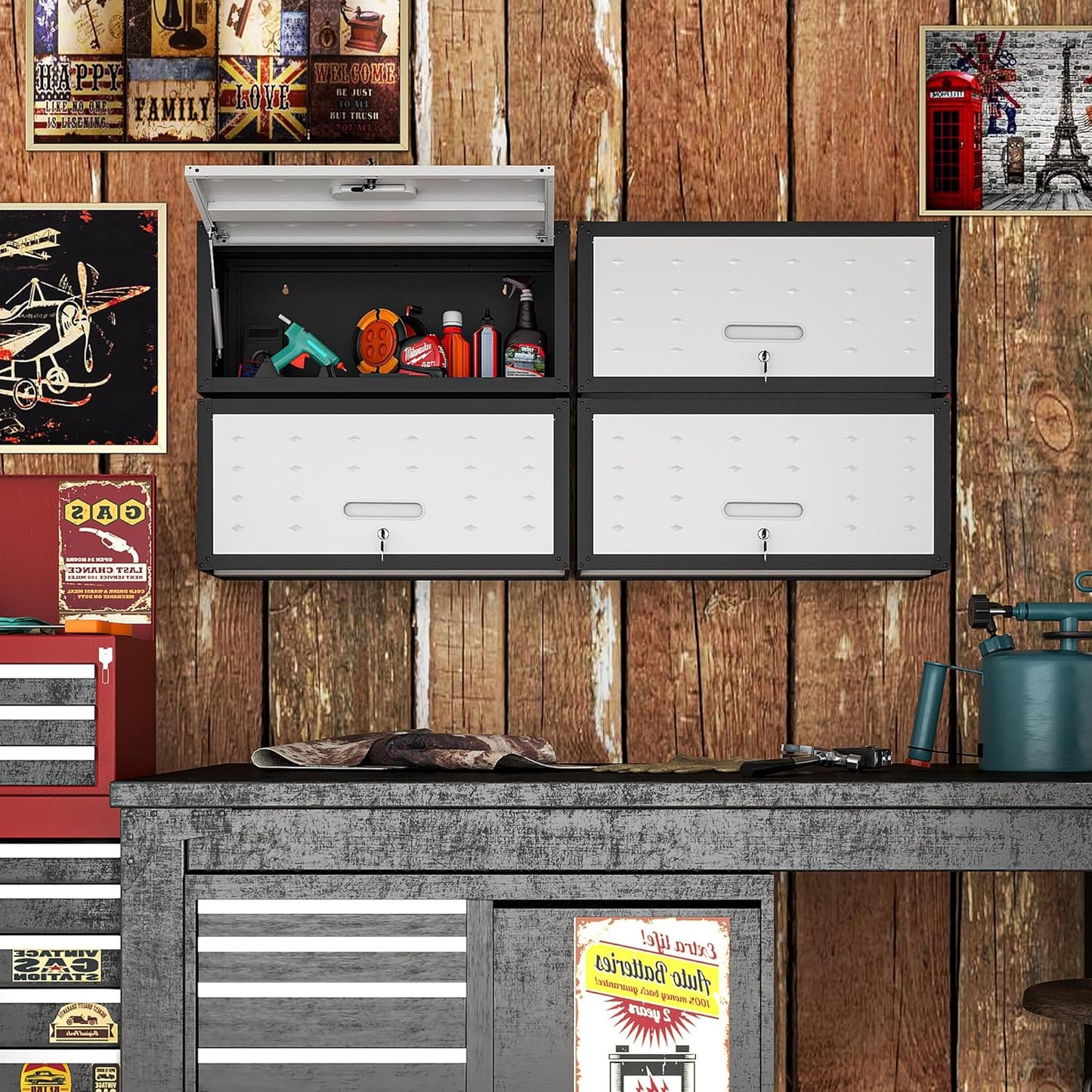 Garage Wall Cabinet with Flip-Up Door, Lockable Metal Storage Cabinet Wall Mounted, Hanging Tool Cabinet for Garage Basement Utility Room (Black &Grey)