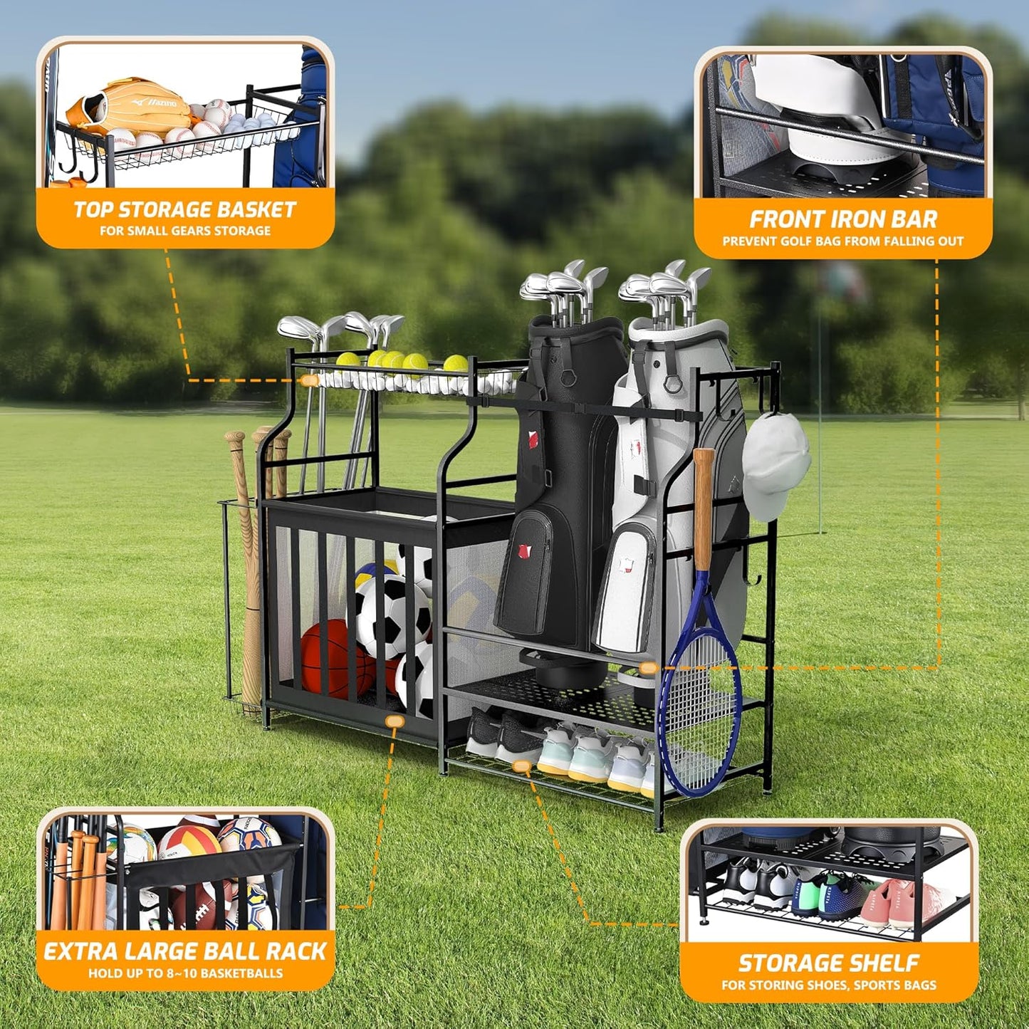 PLKOW Sports Equipment Organizer Rack, Garage Ball Rack, 2 Golf Bag Storage and Sports Gear Organizer for Garage