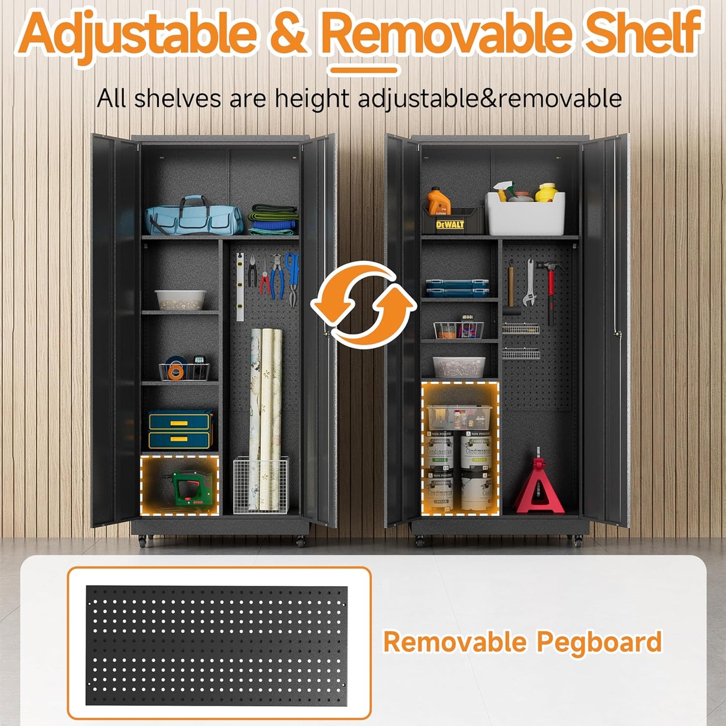 Metal Garage Storage Cabinet with 2 Doors, Adjustable Rolling Tool Storage Cabinet with Lock, 71" Steel Locking Tool Cabinet with Wheels and Shelves for Garage, Warehouse(Black, 71" H)