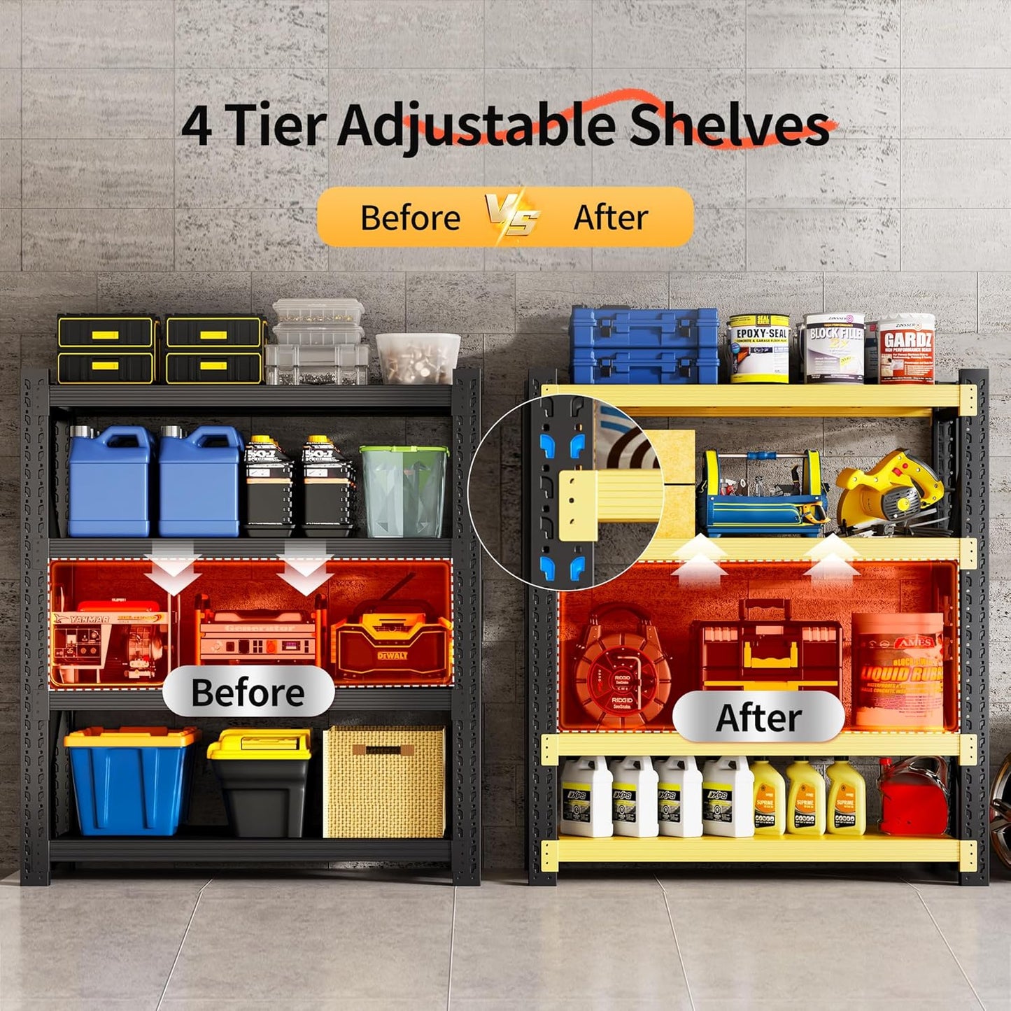 Garage Shelving Unit, 4 Tier Heavy Duty Racks, Easy Assembly, Metal Racks with Adjustable Shelves, 3000 LBS Load Capacity,for Warehouse,Basement (Black&Yellow, 23.6" D x 47.2" W x 78.7" H)