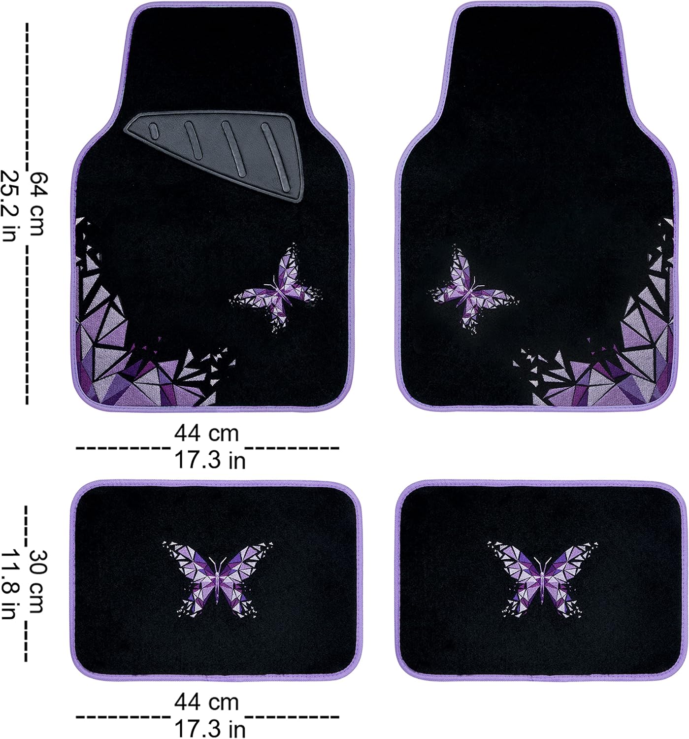 CAR PASS Universal Embroidery Geometric Butterfly Car Floor Mats with Heel Pad-Waterproof-Anti Slip Nibs,Purple Car Floor Mat Fit 95% Automotive,SUVS,Sedan,Vans,for Women,Girly(Purple Butterflies)