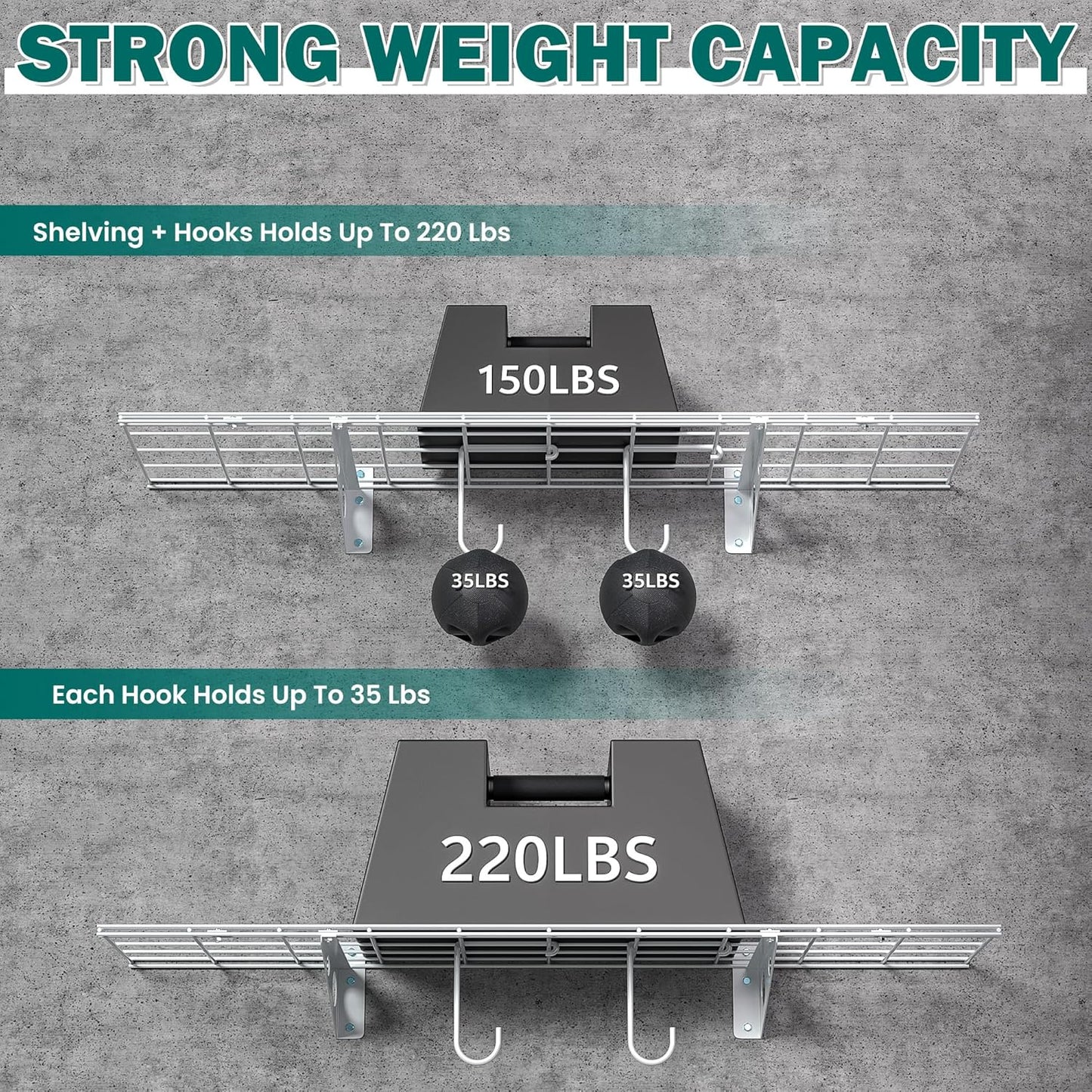 EVERHANGER Garage Wall Shelves, 12 X 48 Inch Wall Mounted Storage Shelves, Heavy Duty Metal Shelving with Hooks, 2 Pack, White