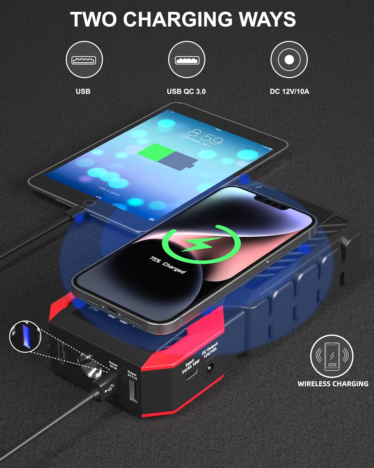 Jump Starter 3000A Peak 12V Portable Car Battery Jump Starter 24000mAh Jump Box for up to 8L Gas or 8L Diesel Engine Jump Starter Battery Pack with LED Light, USB QC 3.0 and Wireless Charging