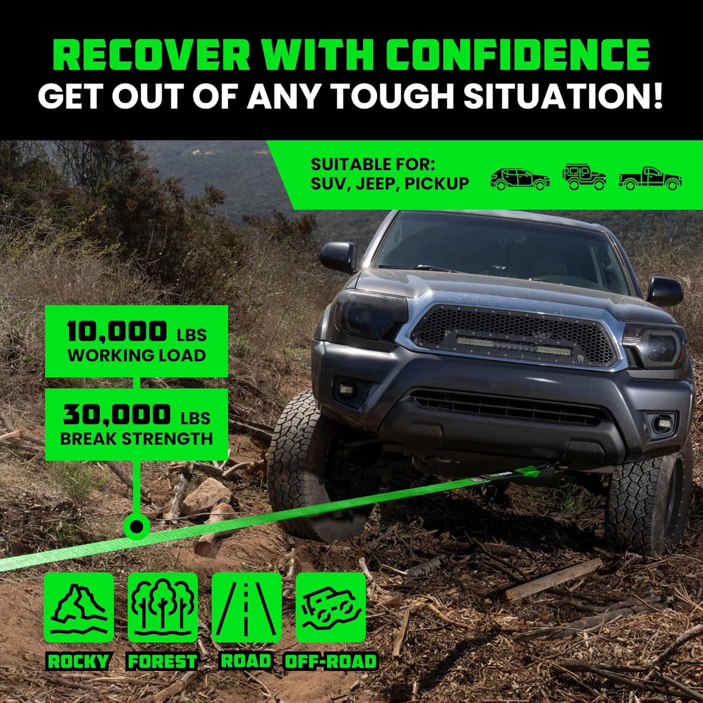 Rhino USA Recovery Tow Strap (3" x 30') - 31,518lb Break Strength - Emergency Recovery Strap Tow Rope for Truck, UTV, ATV & More - Heavy Duty Towing Strap for Offroad 4x4 Use - Compatible with Jeep