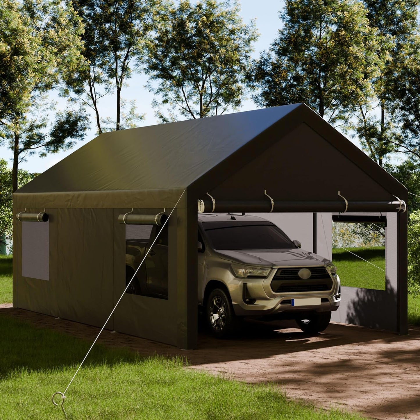 Shintenchi Carport 10' x 20' Heavy Duty Portable Garage, Car Port Canopy with Side-Opening Removable Door & Roll-Up Windows, Car Canopy for Truck,Car,Boat,Motorcycle,Grey