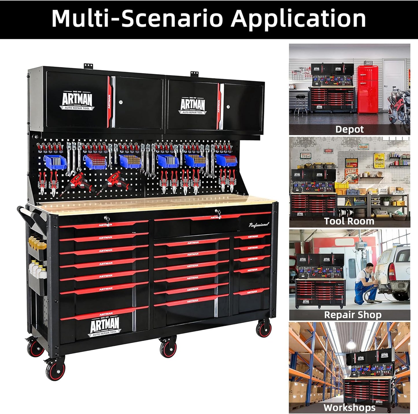 72-Inch Garage Cabinets and Storage System with 19 Drawers Rolling Tool Chest Large Mobile Workbench Heavy Duty Wood Top Tool Cart on Wheels for Garage, Workshop, Warehouse, Laboratory