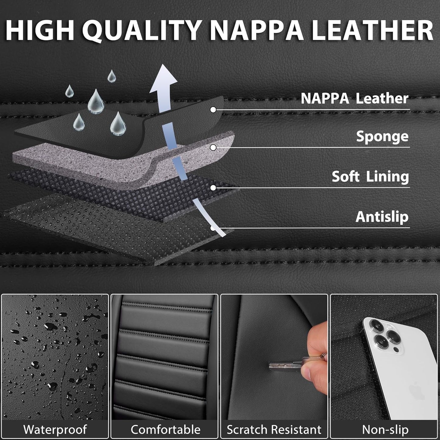 CAR PASS Back Seat Covers, Nappa Leather Rear Seat Bench Cushion Lined Sponge Waterproof Breathable PU Split Back Row Protector Universal Fit for Car Vehicle Sedan SUV Pickup Truck, Back Rear Seats