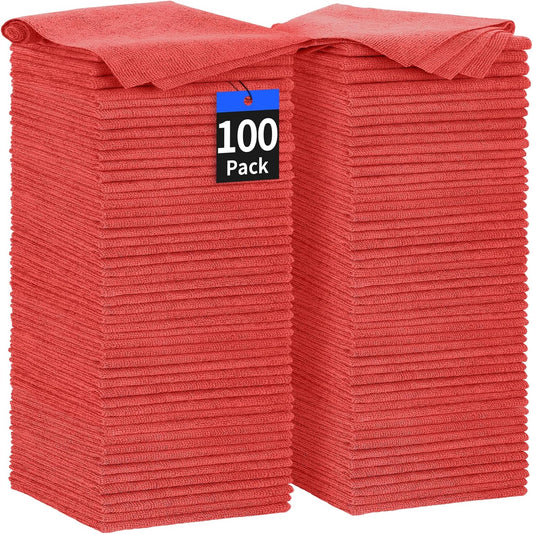 HOMERHYME Shop Towels Rags, 100 Pack Microfiber Cleaning Cloth Bulk Absorbent Detailing Rags, Lint-Free Microfiber Towels for Cars, Mechanic, Shop, Garage & Housekeeping 11.5"*11.5" Red