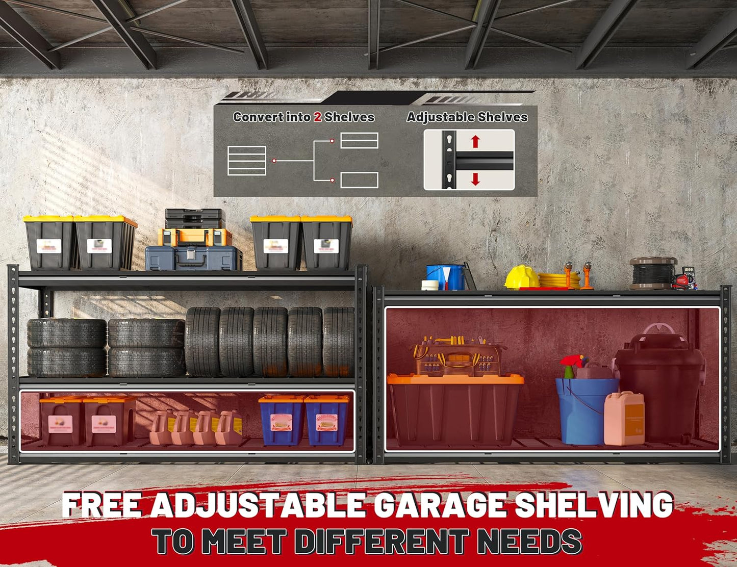 REIBII 55" W Garage Shelving, Heavy Duty Storage Shelves Load 3000LBS, 5 Tier Adjustable Metal Shelving Unit for Basement, Warehouse, Workshop, 55" W x 24" D x 72" H