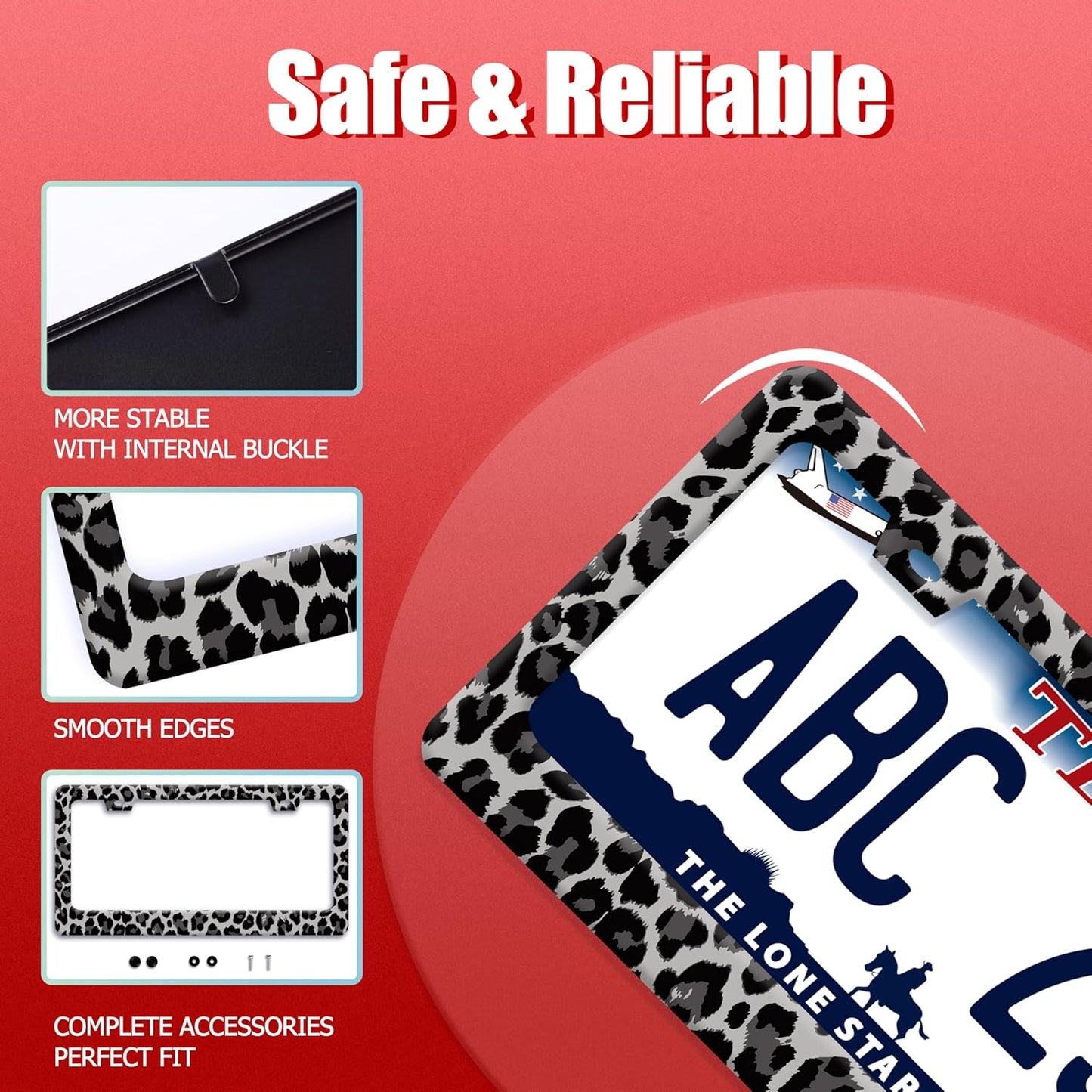 Black Gray Leopard Print License Plate Frame Beautiful Cheetah Print License Plate Holder Funny Stainless Steel Accessories Cars Decor with 2 Holes and Screws Fits Standard Us Ca Vehicles 12.2 X 6 in