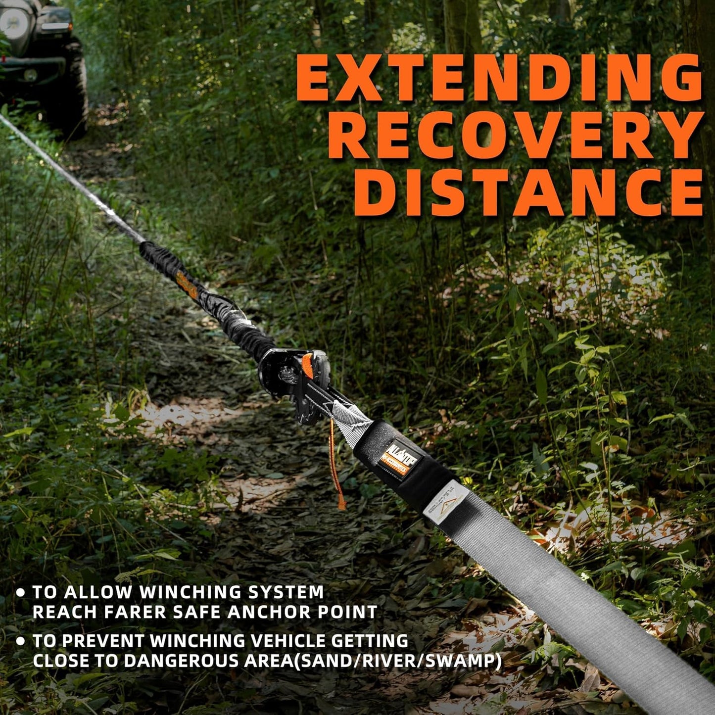 ALL-TOP Winch Extension Strap 2in x 65.6ft Min Break Strength 11000Lbs, Extend Reach of Winch Cable/Rope for Winch Rating Under 13500Lbs