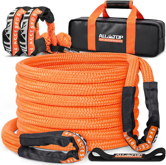 ALL-TOP Kinetic Recovery Rope Kit w/ 2 Soft Shackles, 48000Lbs, 1in x 30ft, Heavy Duty 30+% Elasticity, 16000Lbs Work Load Limit