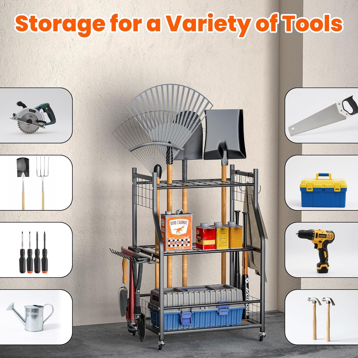 Ultrawall Garden Tool Organizer, Yard Tool Storage Stand for Garage with Lockable Wheels, Shed Tool Storage for Rake, Brooms, Indoor & Outdoor Use