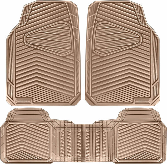 CAR PASS Rubber Car Mats,Car Floor Mats All Weather Car Mat Full Set 3 Piece Tan Waterproof Automotive Floor Mat Trim to Fit for Cars Sedan SUVs Small Trucks Heavy Duty Anti-Slip Easy Clean, All Beige