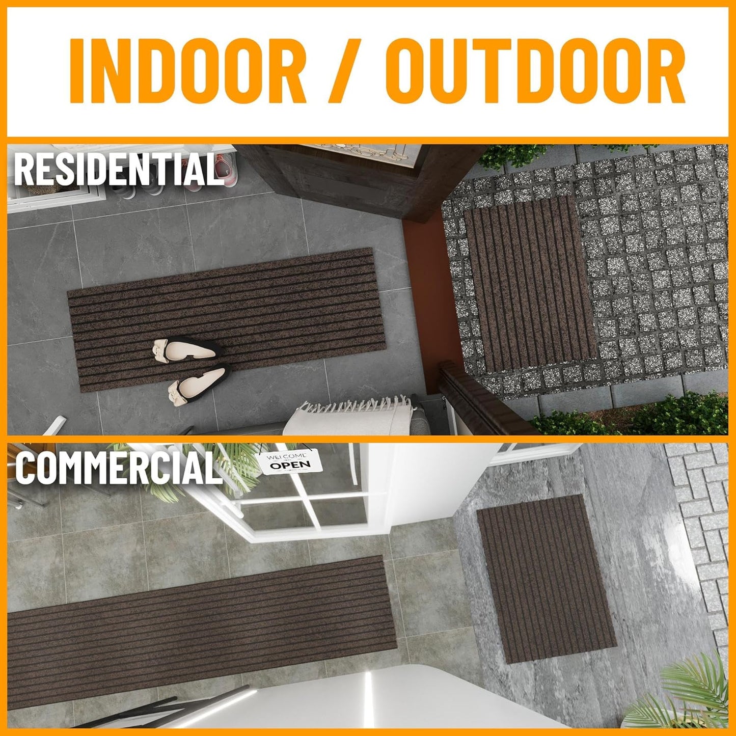 Ottomanson 2'7" x 21' Hallway Runner with Scraper Pile - Extra Durable Non-Slip Rug Mat for Indoor & Outdoor Use - Ideal for Kitchen, Entryway & Garage - High-Traffic Carpet, Brown