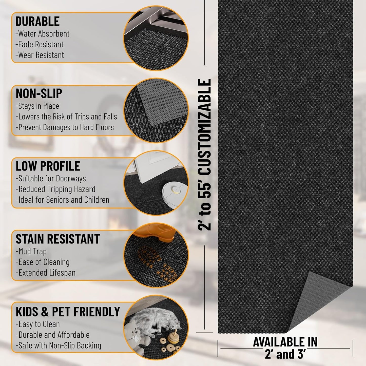 Ottomanson 2'7" x 35' Hallway Runner with Scraper Pile - Extra Durable Non-Slip Rug Mat for Indoor & Outdoor Use - Ideal for Kitchen, Entryway & Garage - High-Traffic Carpet, Black