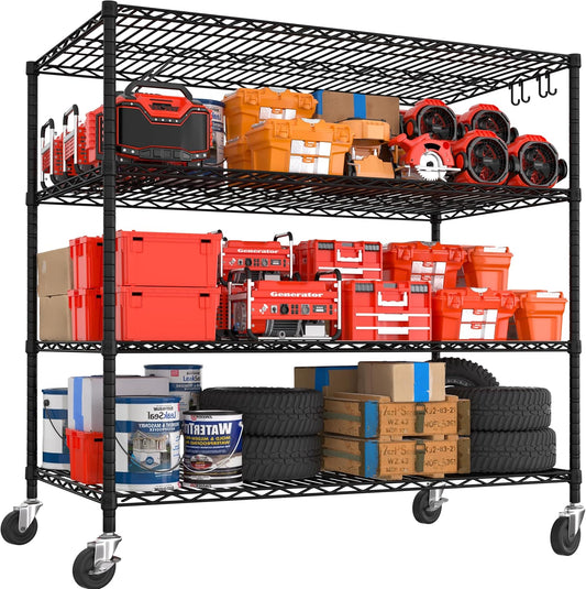 PrimeZone 55.5" W x 24" D x 80" H Heavy Duty Wire Storage Shelves with Wheels, 4 Tier Adjustable NSF Certified Garage Shelving Unit, Rolling Metal Organizer Shelf Rack for Warehouse, Pantry, Black