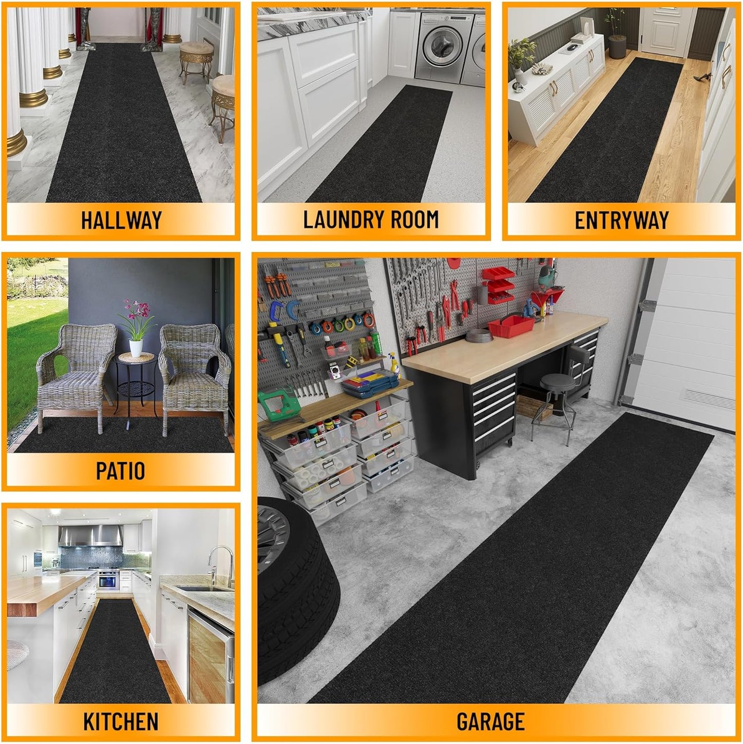 Ottomanson 2' x 32' Hallway Runner with Scraper Pile Extra Durable Non-Slip Rug Mat for Indoor & Outdoor Use - Ideal for Kitchen, Entryway, Patio & Garage - High-Traffic Carpet, Black