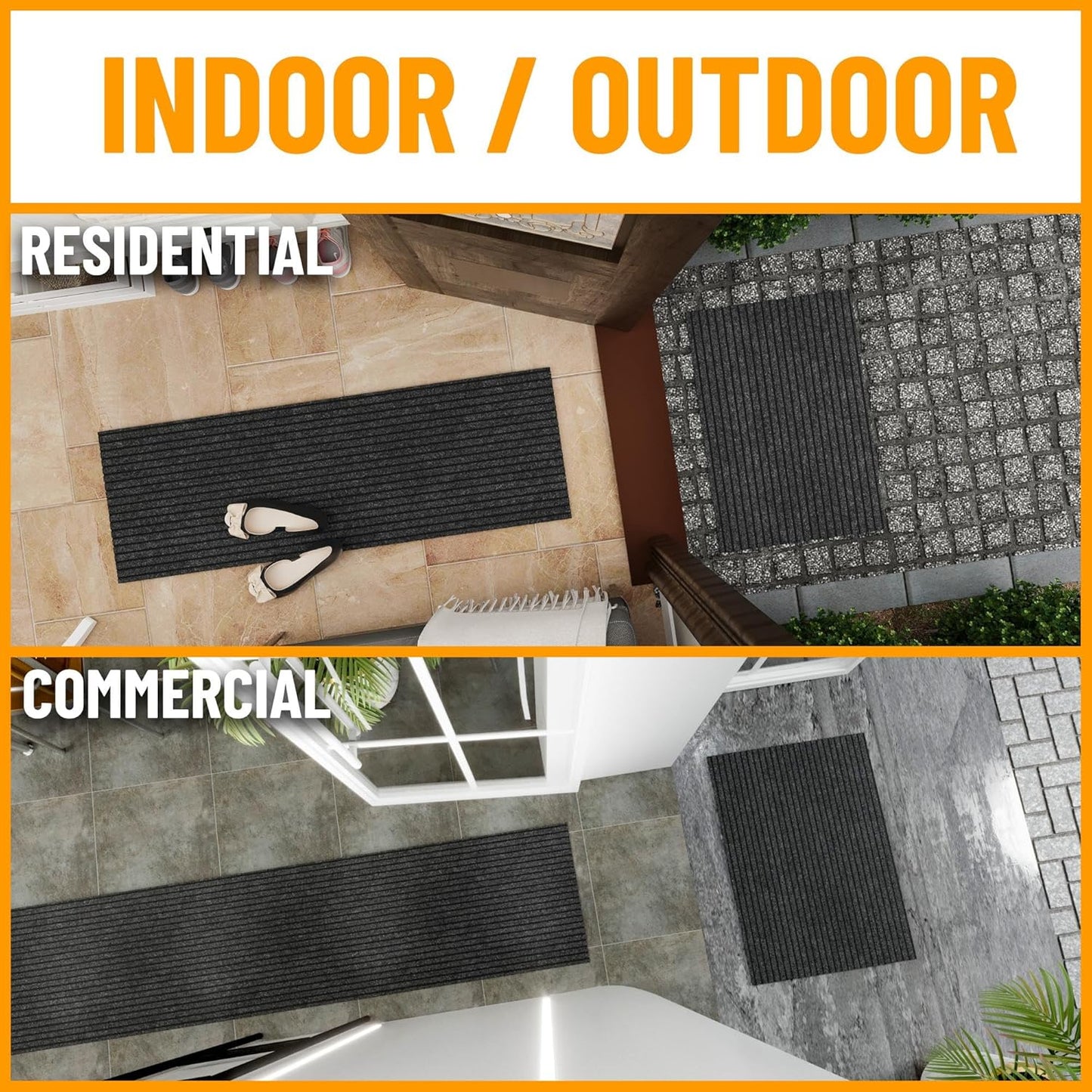 Ottomanson 2' x 7' Hallway Runner with Scraper Pile Extra Durable Non-Slip Rug Mat for Indoor & Outdoor Use - Ideal for Kitchen, Entryway, Patio & Garage - High-Traffic Carpet, Black