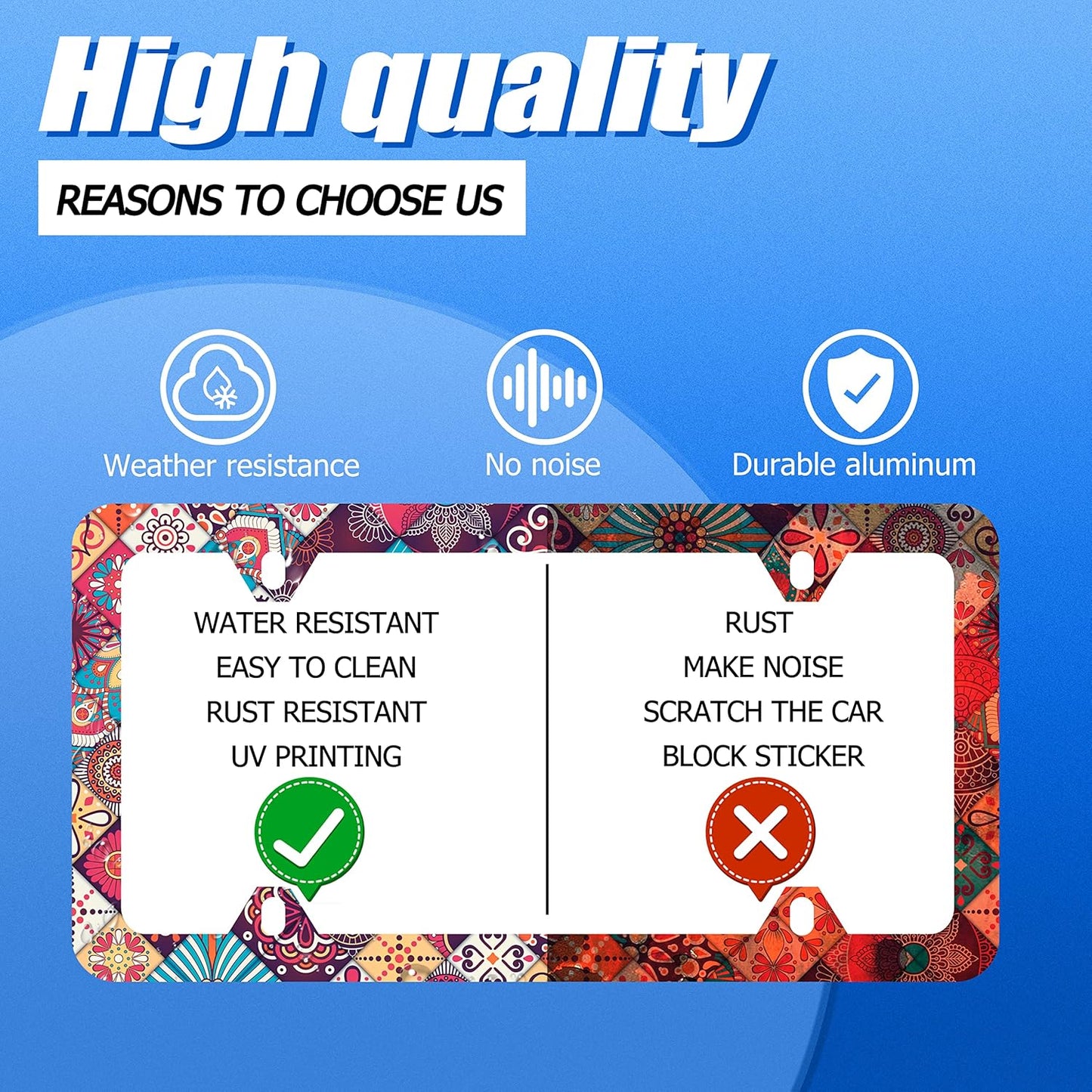 Stitching Tile Boho Pattern License Plate Frame Stainless Steel Parts Colorful License Plate Decorative with Screws Size 12.3" x 6.3" Women