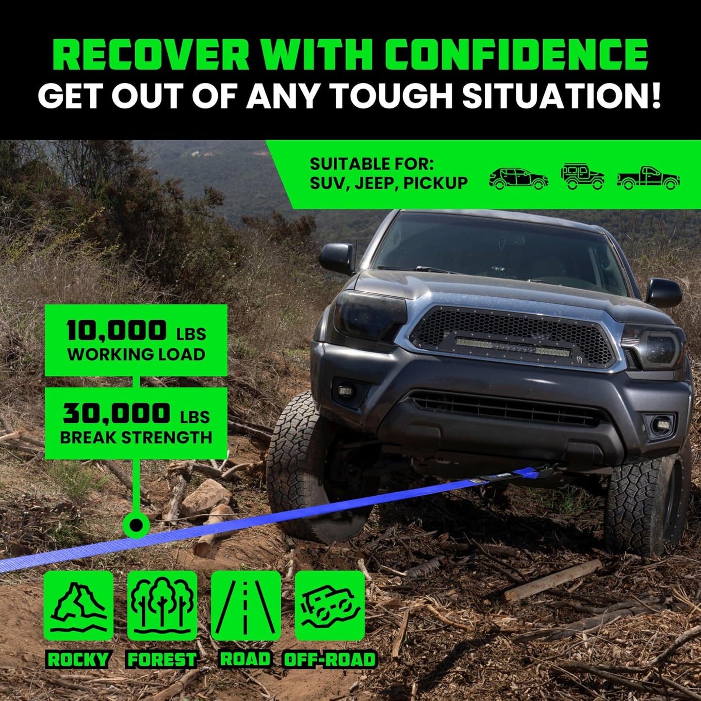 Rhino USA Recovery Tow Strap (3"x20') - 31,518lb Break Strength- Emergency Recovery Strap Tow Rope for Truck, UTV, ATV & More - Heavy Duty Towing Strap for Offroad 4x4 Use- Compatible with Jeep (Blue)