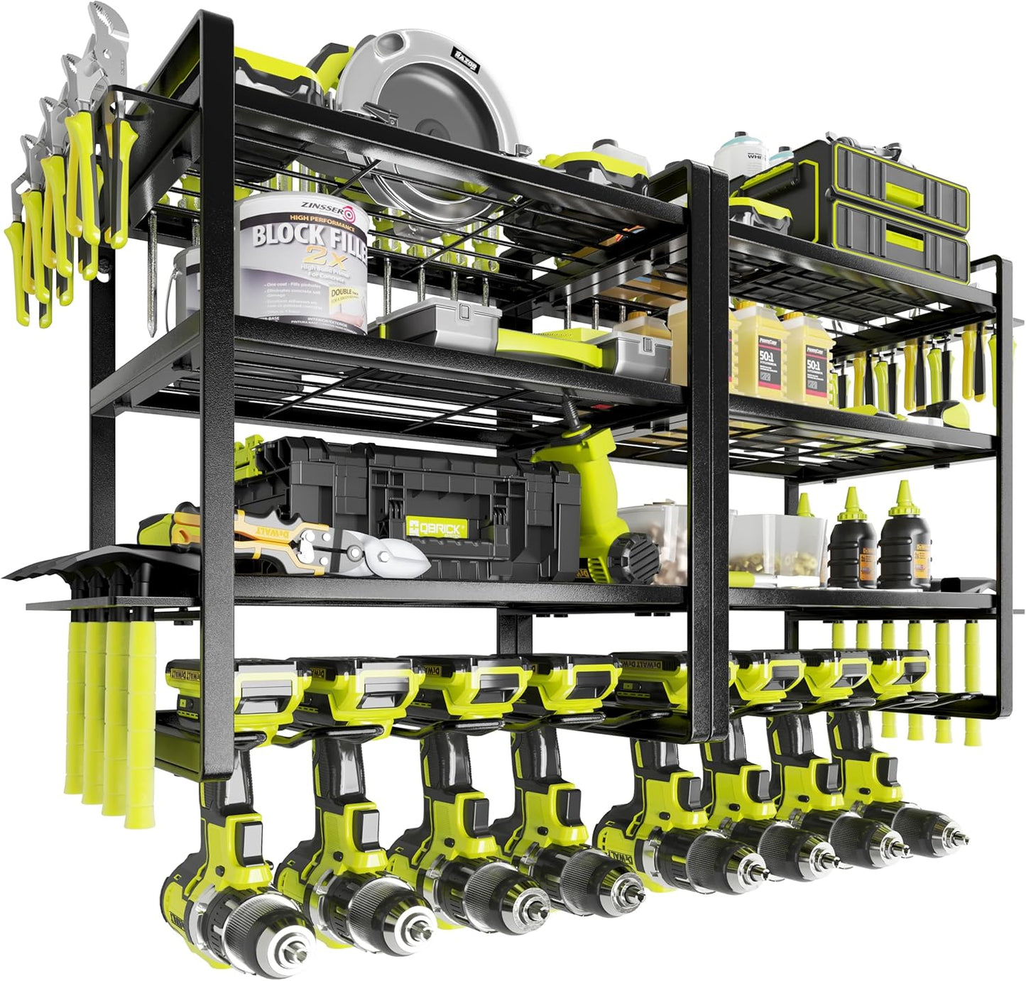 KAFAHOM Power Tool Organizer Wall Mount, 4-Tier Drill Holder for Cordless Tools, 2-Pack Set, Garage Storage Rack with Side Hooks for Hammers & Pliers, Tool Organizer for Workshop/Utility Room