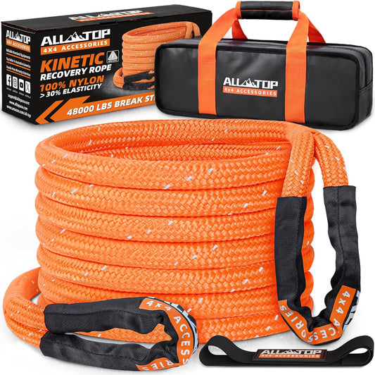 ALL-TOP Kinetic Recovery Rope (Reflective) 48000Lbs, 1in x 30ft, Heavy Duty 30+% Elasticity, 16000Lbs Work Load Limit for 4x4 Offroad