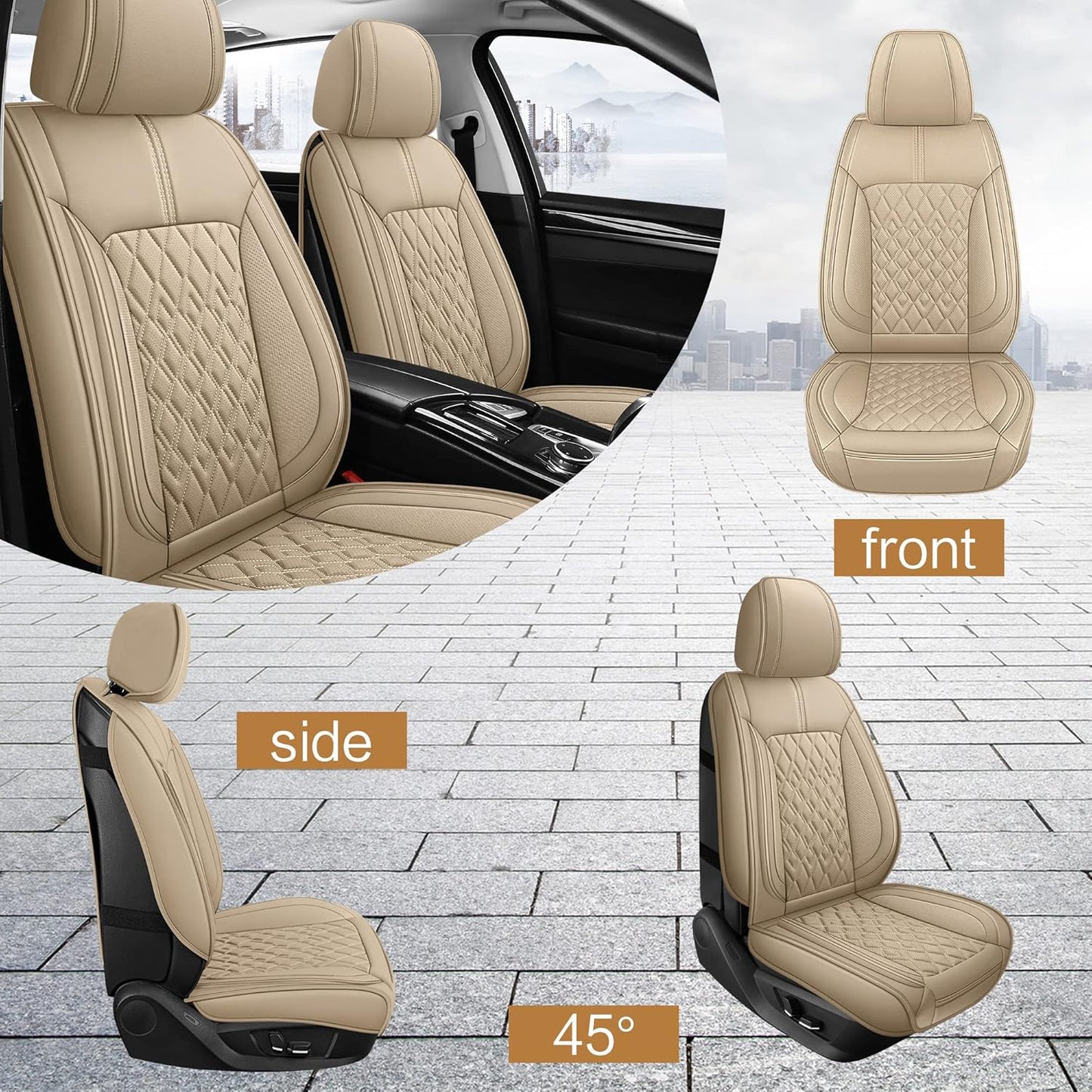 Pariitadin Leather Car Seat Covers Front Pair, Waterproof Breathable Faux Leather Automotive Seat Covers for Cars, Non-Slip Car Interior Covers Universal Fit Most Cars Sedans Trucks SUVs, Beige