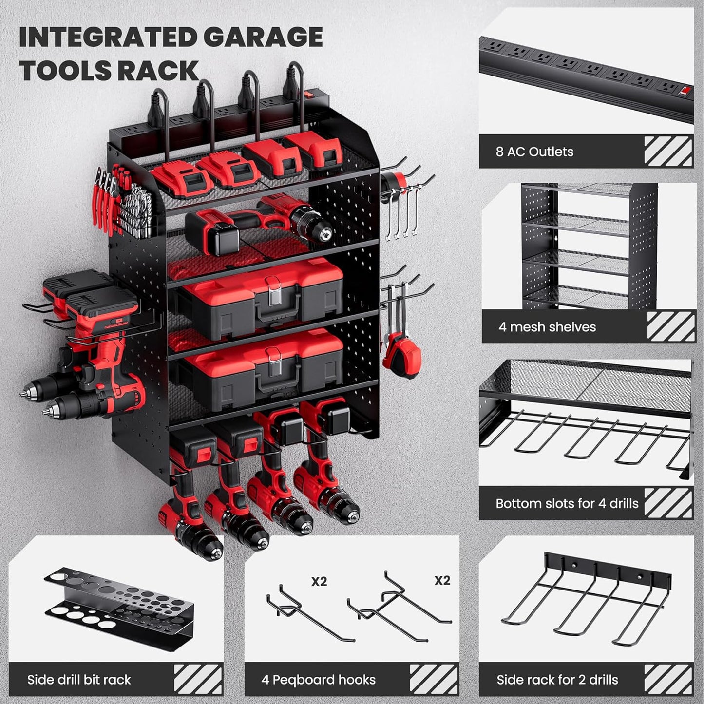TRZZ Power Tool Organizer Wall Mount, 5-Layer Charging Station with 8 Outlets, 6 Drill Holders, 2 Side Pegboards, and Drill Bit Rack for Garage, Workbench, and Workshop (Black)