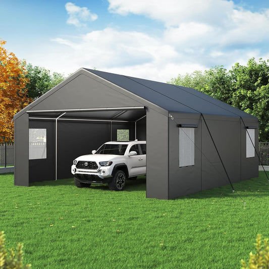 Polar Aurora Carport 20x20 FT, Heavy Duty Car Port Canopy, with 2 Side-Opening Door & Roll-Up Windows, Outdoor Portable Garage for Car, Truck, Boat, Motorcycle