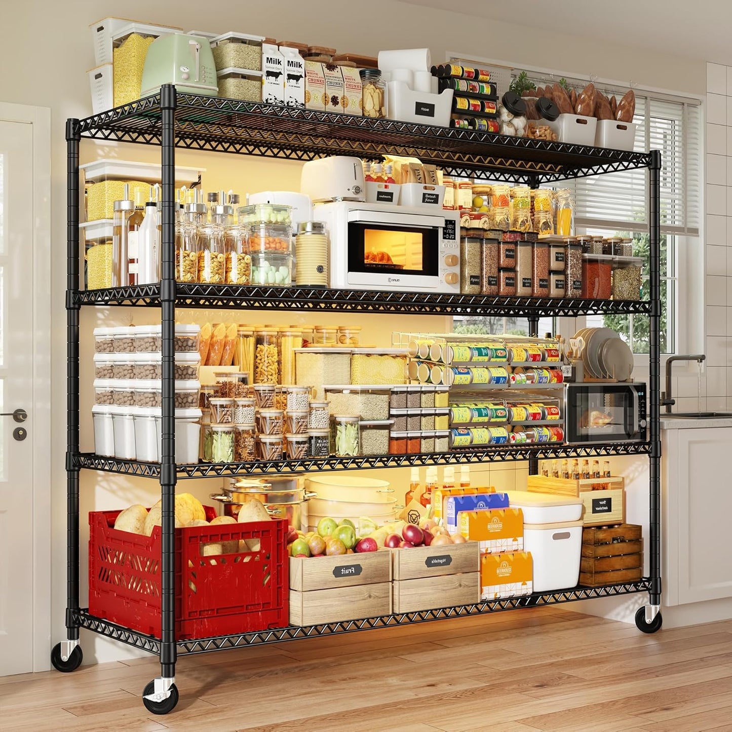 REIBII 60''W Storage Shelves 2399LBS Metal Shelving Unit with Wheels & Feet, 4 Tier Garage Shelving Heavy Duty Adjustable Wire Shelf for Pantry Kitchen Garage, 60" W x 18" D x 65.5" H, 2 Pack