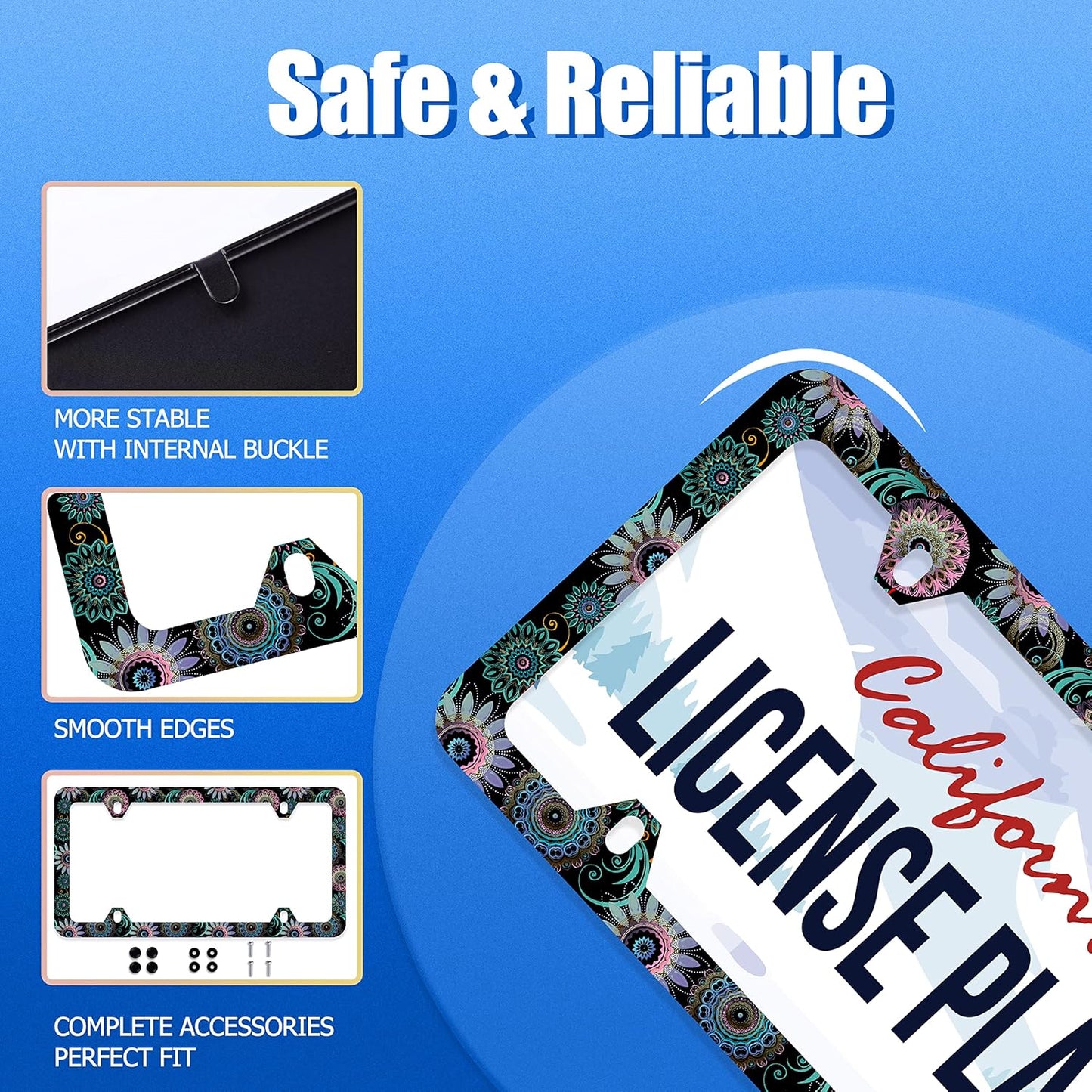 Mandala Flower License Plate Frame License Plate Stainless Steel Parts Funny License Plate Decorative with Screws Size 12.3" x 6.3" for Men Women