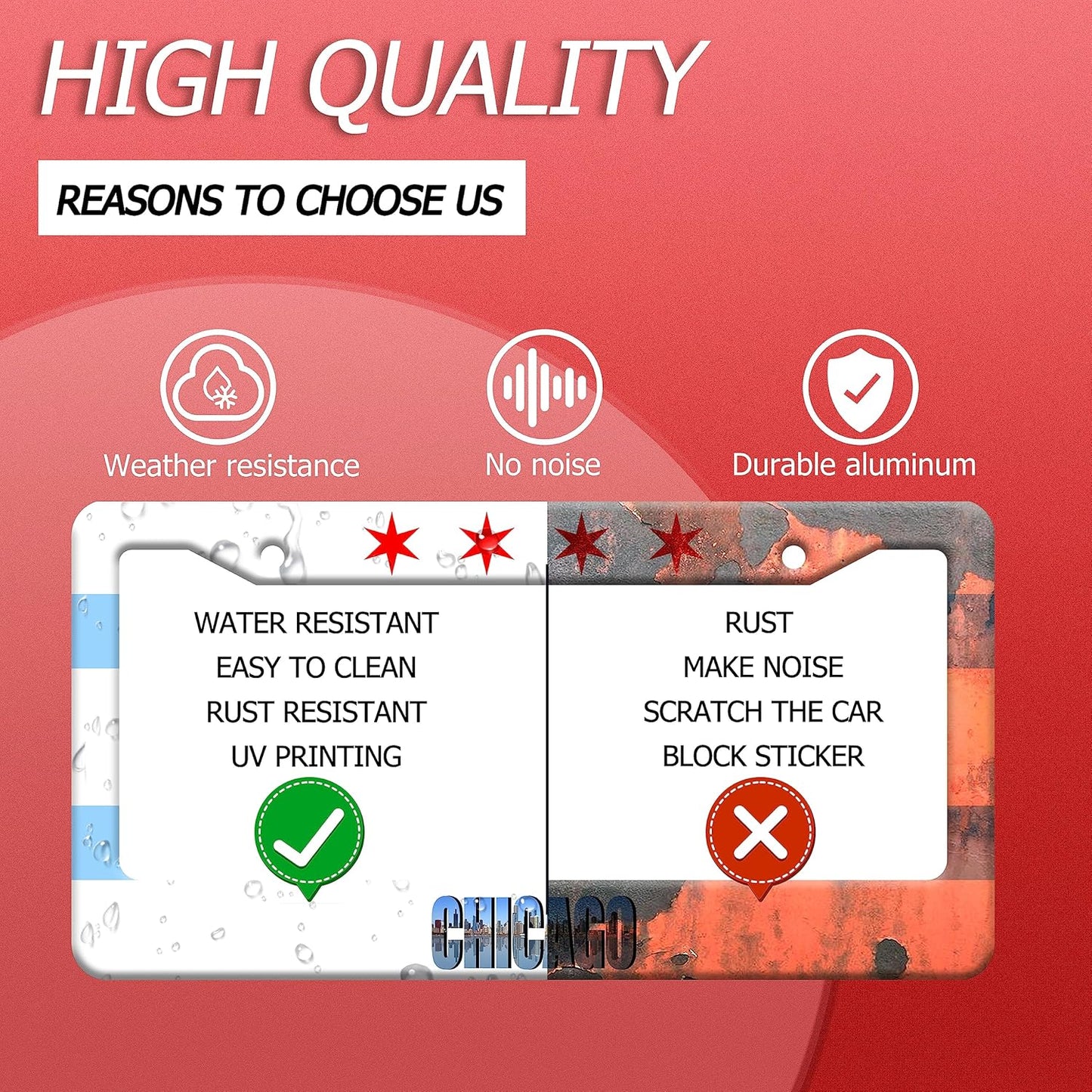 Chicago Flag License Plate Frame City Theme License Plate Stainless Steel Parts Funny License Plate Decorative with Screws Size 12.3" x 6.3" Men Women