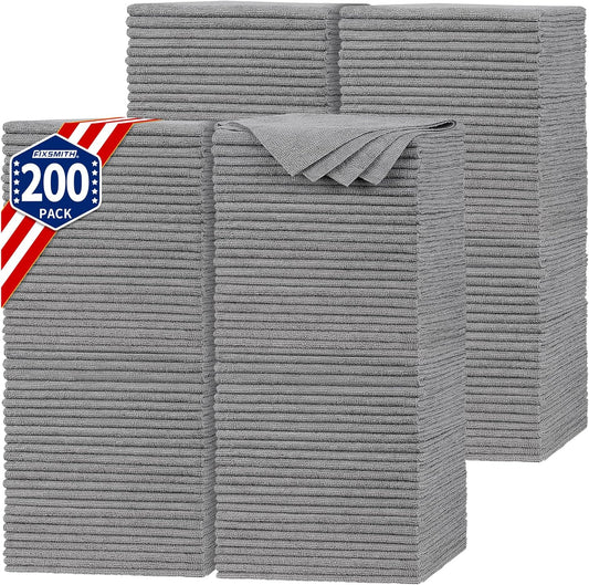 FIXSMITH Shop Towels, Pack of 200, Grey Microfiber Cleaning Cloth Bulk, Microfiber Towels for Cars, All-Purpose Absorbent Cleaning Rags, Dust Cloth for Automotive, Mechanic, Garage, 11.5 x 11.5 inch